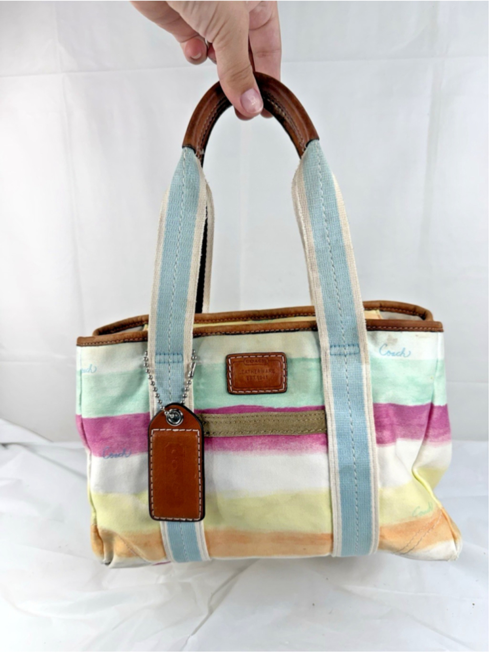 Vintage Coach Hamptons Y2K Watercolor Pastel Stripes Tote - Picture 14 of 16